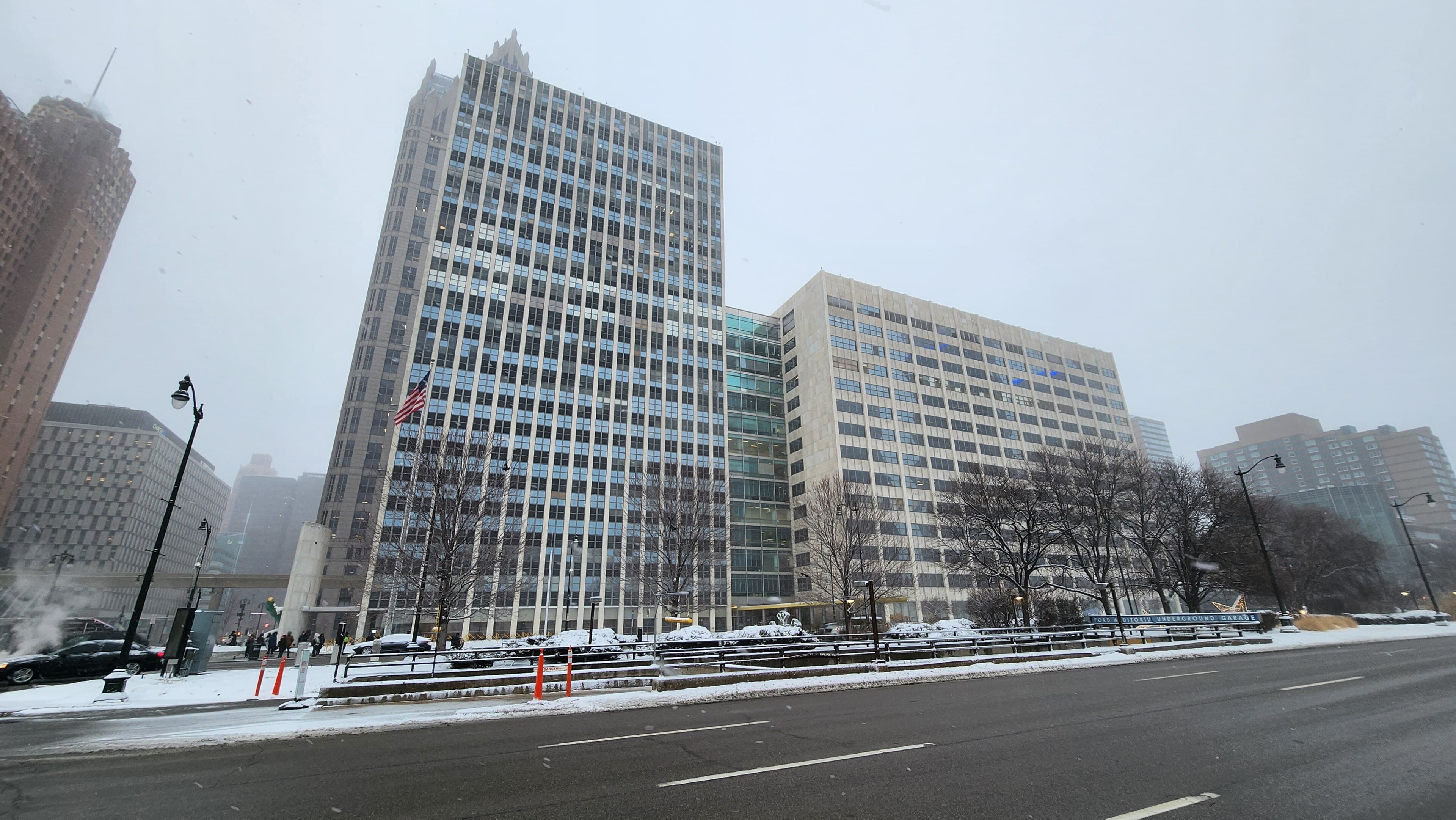 The Coleman A. Young Municipal Center seen from across Woodward Avenue in winter.