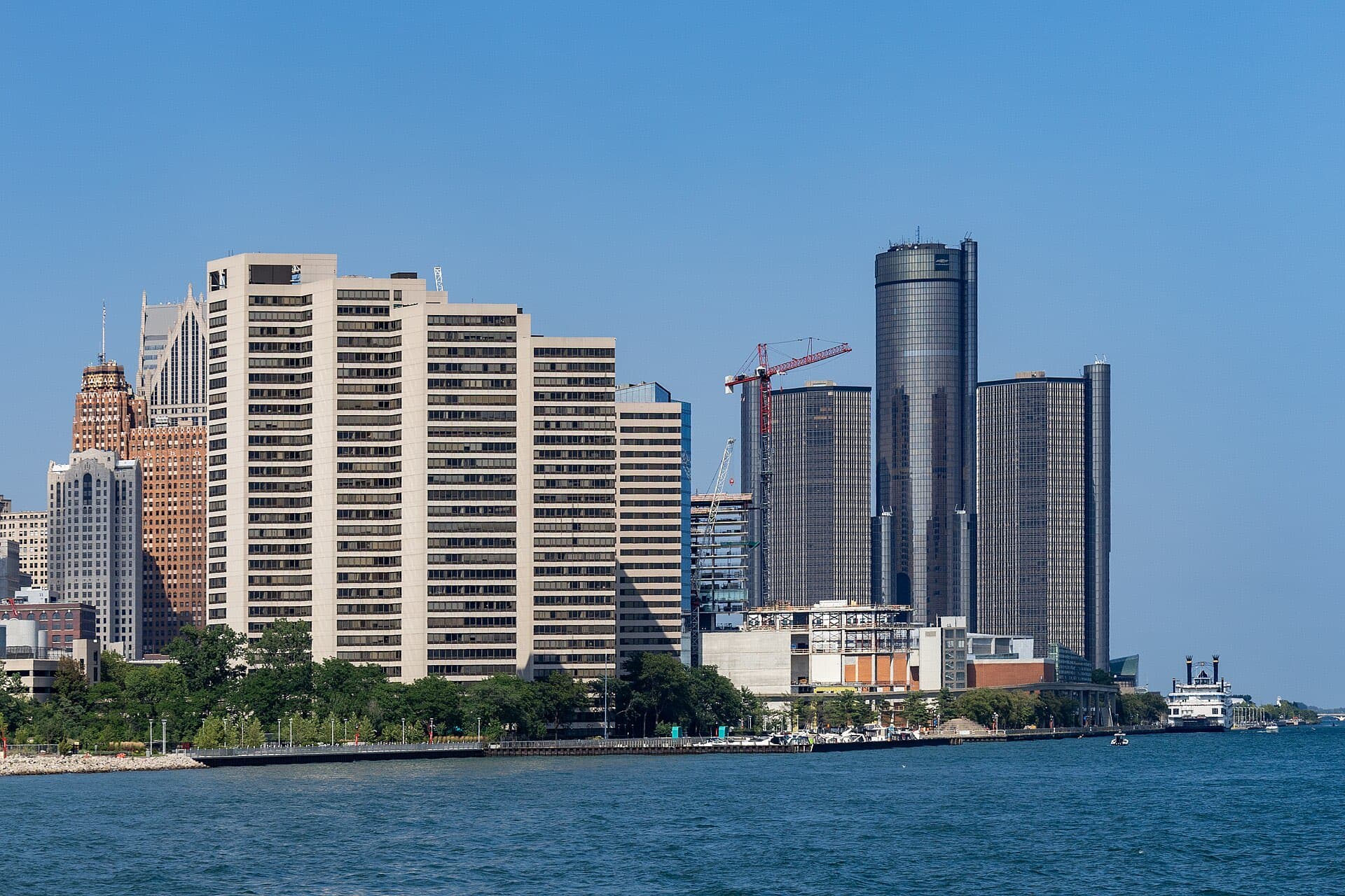 Detroit's riverfront towers and the Renaissance Center on a clear day.